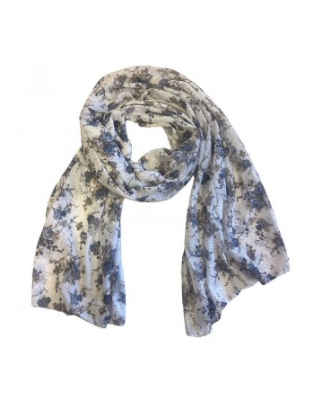 Châle Hijab à fleurs pour femme - Fleur bleu, gris et parme sur un fond blanc 