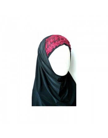 Hijab noir 2 pièces avec dentelle à motifs fleurs rouges 