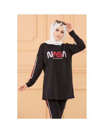 Ensemble survêtement brodé "Nasa" pour femme (Tenue de sport pas cher pour Hidjab - Boutique musulmane) - Couleur noir 