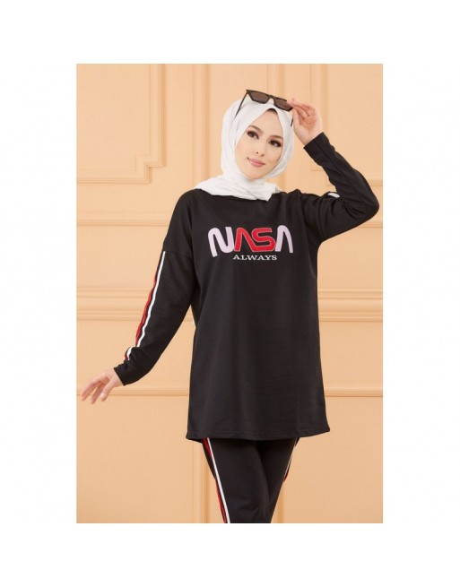 Ensemble survêtement brodé "Nasa" pour femme (Tenue de sport pas cher pour Hidjab - Boutique musulmane) - Couleur noir 
