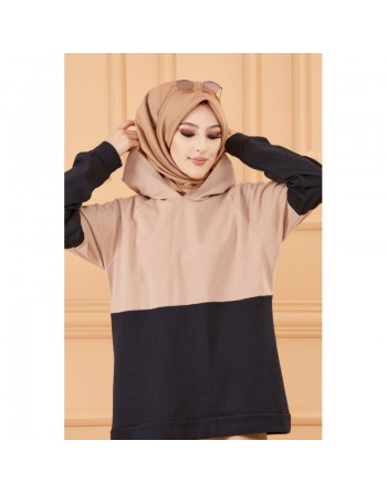 Ensemble bicolore pour femme : Sweat à capuche et pantalon assorti (Tenue décontractée et sport pour hijab) - Couleur beige 
