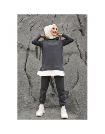 Ensemble décontracté et tenue de sport 2 pièces pour femme - Couleur anthracite et blanc 