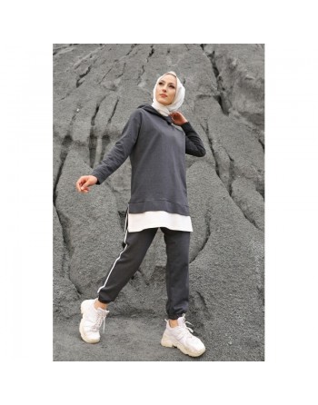 Ensemble décontracté et tenue de sport 2 pièces pour femme - Couleur anthracite et blanc 