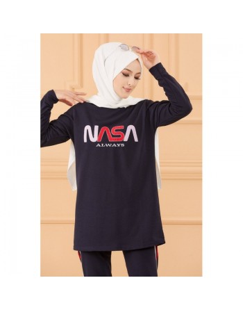 Ensemble survêtement brodé "Nasa" pour femme (Tenue sport Hijab livraison rapide en France) - Couleur bleu marine 