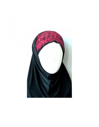 Hijab noir 2 pièces avec dentelle à motifs fleurs rouges 