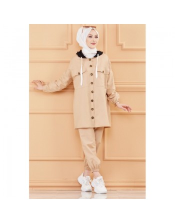 Ensemble casual veste et pantalon pour femme (Mode musulmane France) - Couleur beige 