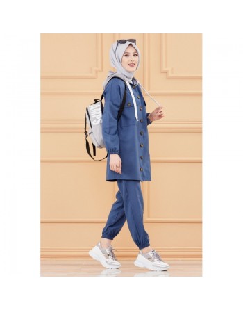 Ensemble casual veste ample et pantalon pour femme (Modest Fashion 2024) - Couleur bleu indigo 