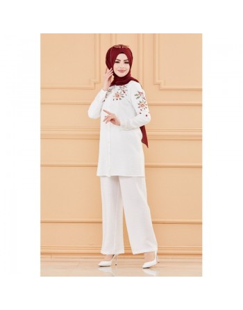 Ensemble chemise-tunique brodée et pantalon pour femme (Tenue habillée pour Hijab) - Couleur blanc 