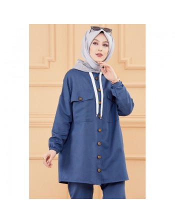 Ensemble casual veste ample et pantalon pour femme (Modest Fashion 2024) - Couleur bleu indigo 