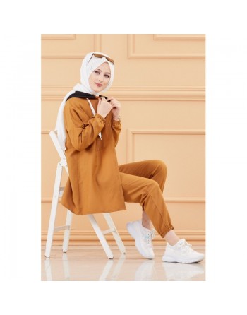 Ensemble casual veste ample et pantalon pour femme (Modest Fashion) - Couleur tabac 