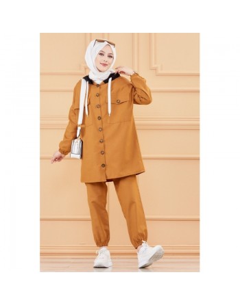Ensemble casual veste ample et pantalon pour femme (Modest Fashion) - Couleur tabac 