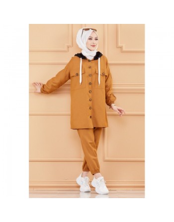 Ensemble casual veste ample et pantalon pour femme (Modest Fashion) - Couleur tabac 