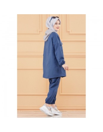 Ensemble casual veste ample et pantalon pour femme (Modest Fashion 2024) - Couleur bleu indigo 
