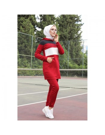 Survêtement tricolore à capuche imprimé "Breathe" (Sportwear femme voilée) - Couleur Bordeaux, noir et blanc 