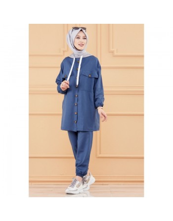 Ensemble casual veste ample et pantalon pour femme (Modest Fashion 2024) - Couleur bleu indigo 