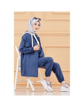 Ensemble casual veste ample et pantalon pour femme (Modest Fashion 2024) - Couleur bleu indigo 