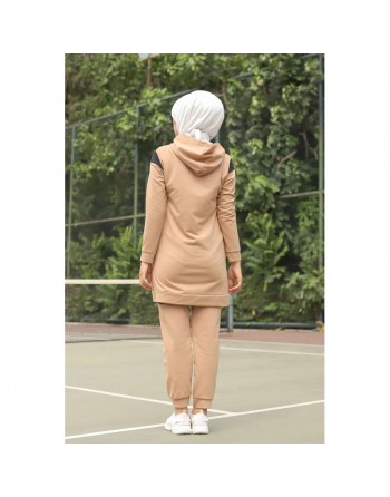 Survêtement tricolore à capuche imprimé "Breathe" (Hijab Sport-Wear) - Couleur Beige, noir et blanc 