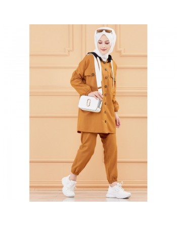 Ensemble casual veste ample et pantalon pour femme (Modest Fashion) - Couleur tabac 