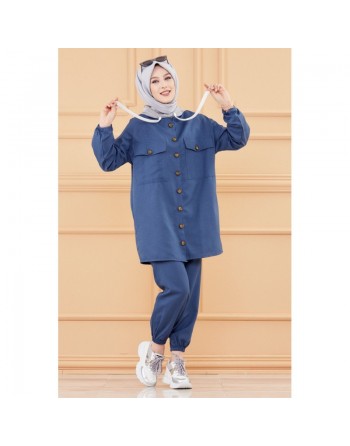 Ensemble casual veste ample et pantalon pour femme (Modest Fashion 2024) - Couleur bleu indigo 