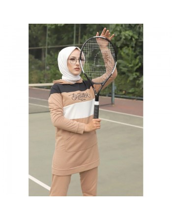 Survêtement tricolore à capuche imprimé "Breathe" (Hijab Sport-Wear) - Couleur Beige, noir et blanc 
