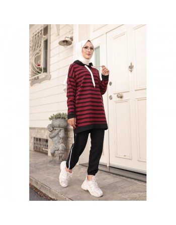 Ensemble décontracté de type sportswear pour femme musulmane - Survêtement 2 pièces à rayures - Couleur bordeaux et noir 