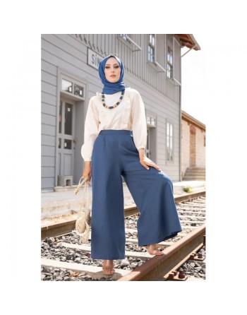 Ensemble Casual Pantalon très large et Blouse avec collier assorti (Vetement Hijab Turque) - Couleur bleu pétrole 