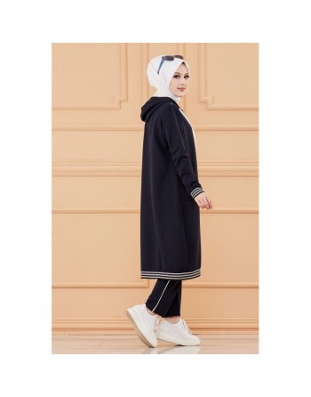 Ensemble sportwear avec veste ample et pantalon (Vetement de sport mastour pour femme musulmane) - Couleur bleu marine 