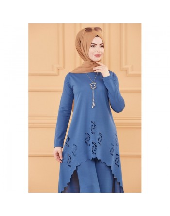 Ensemble découpé au laser : Tunique et pantalon assorti (Tenue habillée pour hijab) - Couleur bleu indigo 