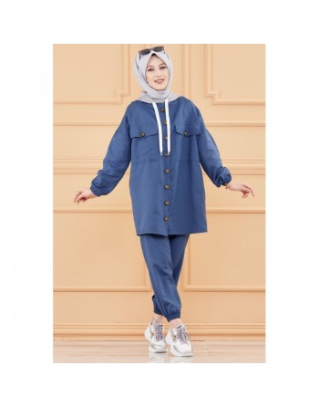 Ensemble casual veste ample et pantalon pour femme (Modest Fashion 2024) - Couleur bleu indigo 