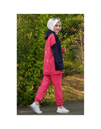 Ensemble Survêtement femme deux pièces (Sweat-Tunique et pantalon) - Couleur bleu marine et fuchsia 