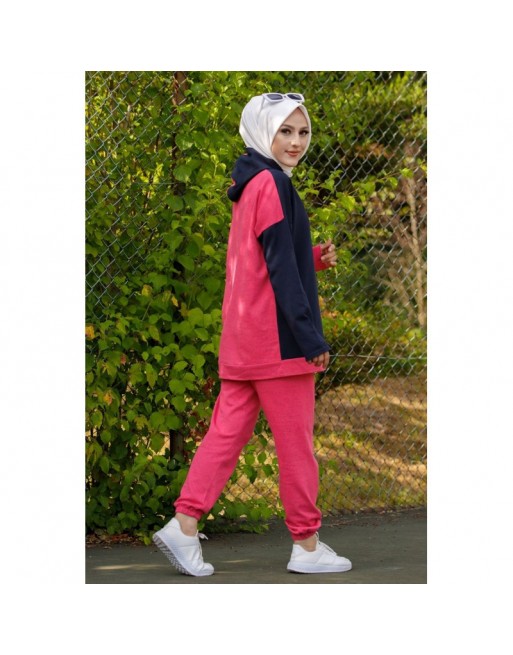 Ensemble Survêtement femme deux pièces (Sweat-Tunique et pantalon) - Couleur bleu marine et fuchsia 