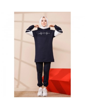 Ensemble moderne pour femme Sweat-shirt à capuche et Pantalon (Tenue décontractée et sport pour hijab) - Couleur bleu marine 