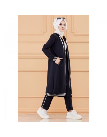 Ensemble sportwear avec veste ample et pantalon (Vetement de sport mastour pour femme musulmane) - Couleur bleu marine 