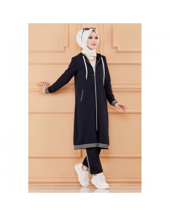 Ensemble sportwear avec veste ample et pantalon (Vetement de sport mastour pour femme musulmane) - Couleur bleu marine 