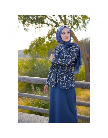 Ensemble Robe et Veste Gilet (Vetement femme voilée et Mode islamique) - Couleur bleu roi 