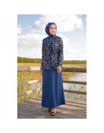 Ensemble Robe et Veste Gilet (Vetement femme voilée et Mode islamique) - Couleur bleu roi 