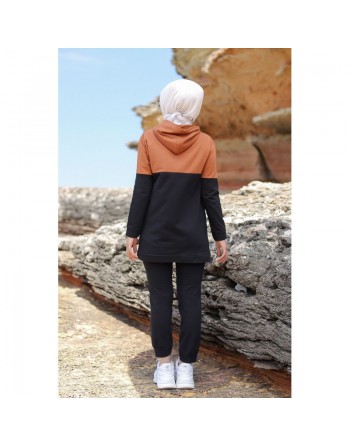 Survêtement hijab sport chic à capuche pour femme musulmane (deux pièces haut et bas) - Couleur noir et rouille 