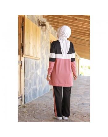 Ensemble survêtement 2 pièces de couleur noir et rose pâle (Vêtement sport et hijab pour femme) 