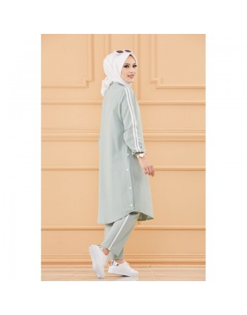 Ensemble décontracté : Tunique boutonnée (chemise longue) et son pantalon (Vêtement Hijab moderne mastour pour femme) -... 