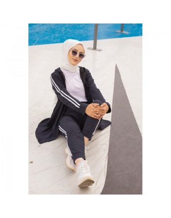Survêtement deux pièces : Veste et Pantalon à bande blanche (Ensemble Sport Hijab pour femme) - Couleur bleu nuit 