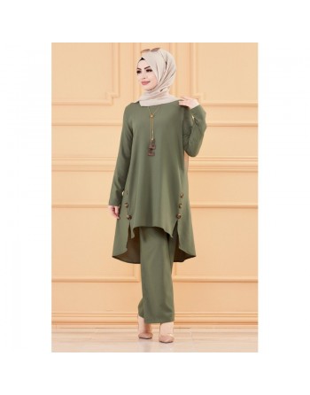 Ensemble femme deux pièces : Tunique évasée et Pantalon assorti (Tenue habillée pour hijab) - Couleur kaki 