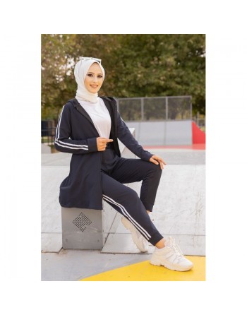 Survêtement deux pièces : Veste et Pantalon à bande blanche (Ensemble Sport Hijab pour femme) - Couleur bleu nuit 