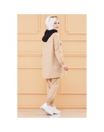 Ensemble casual veste et pantalon pour femme (Mode musulmane France) - Couleur beige 
