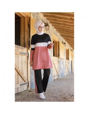 Ensemble survêtement 2 pièces de couleur noir et rose pâle (Vêtement sport et hijab pour femme) 
