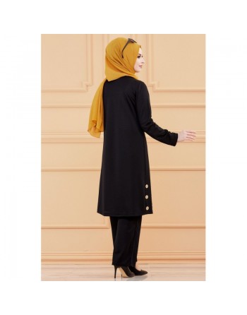 Ensemble tunique boutonnée et pantalon assorti (Style femme hijab) - Couleur noir 