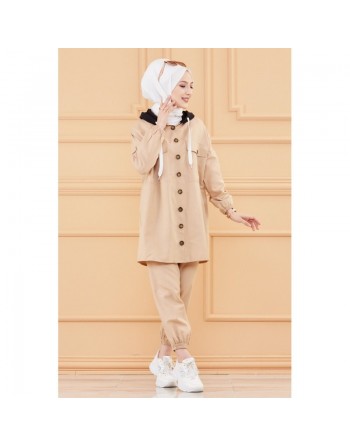 Ensemble casual veste et pantalon pour femme (Mode musulmane France) - Couleur beige 