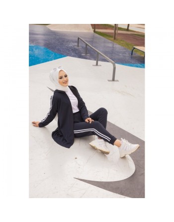 Survêtement deux pièces : Veste et Pantalon à bande blanche (Ensemble Sport Hijab pour femme) - Couleur bleu nuit 