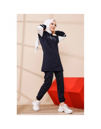 Ensemble moderne pour femme Sweat-shirt à capuche et Pantalon (Tenue décontractée et sport pour hijab) - Couleur bleu marine 
