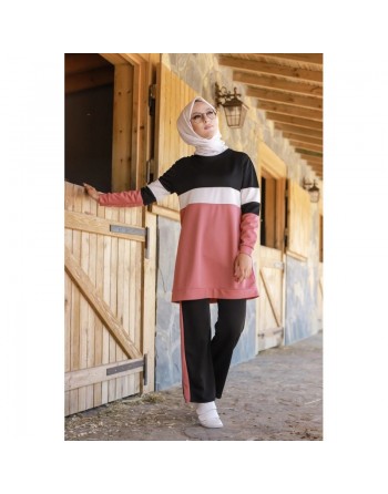 Ensemble survêtement 2 pièces de couleur noir et rose pâle (Vêtement sport et hijab pour femme) 
