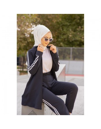 Survêtement deux pièces : Veste et Pantalon à bande blanche (Ensemble Sport Hijab pour femme) - Couleur bleu nuit 
